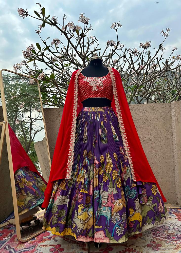 Red & Purple Kalamkari Lehenga
